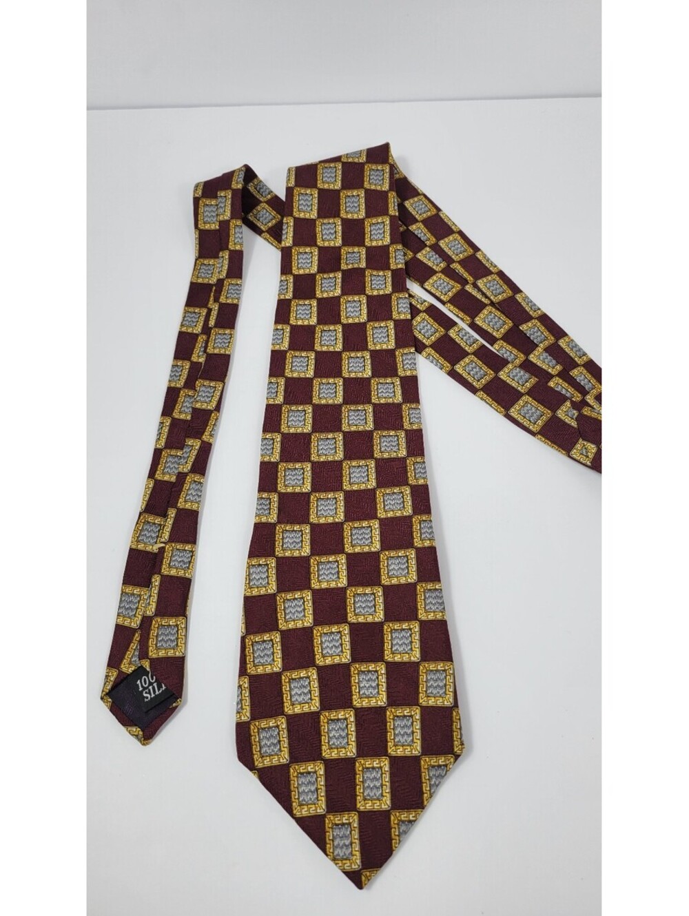 Vintage Oscar de la Renta Burgundy Geometric Greek Key Silk Tie